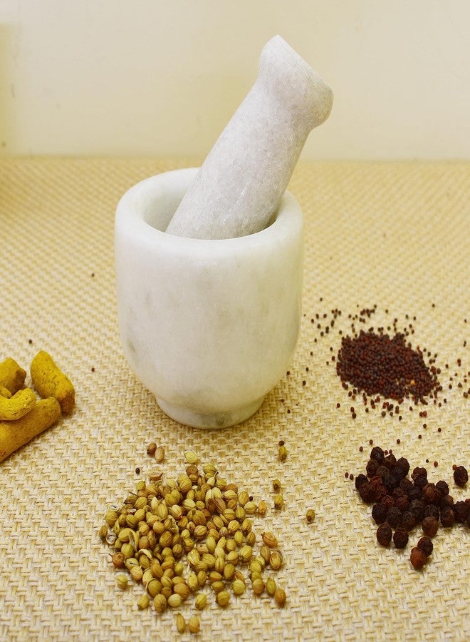 KunhaR Natural White Marble Mortar and Pestle Set, Imam Dasta, Ohkli Musal, Kharal - 3 x 2.5 Inches, White, (Half Polish) - Image 4